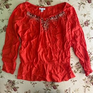 Women's Red Embellished Long-Sleeve Peasant Blouse